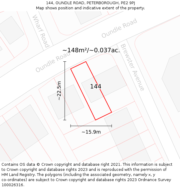 144, OUNDLE ROAD, PETERBOROUGH, PE2 9PJ: Plot and title map