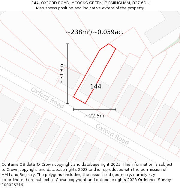 144, OXFORD ROAD, ACOCKS GREEN, BIRMINGHAM, B27 6DU: Plot and title map