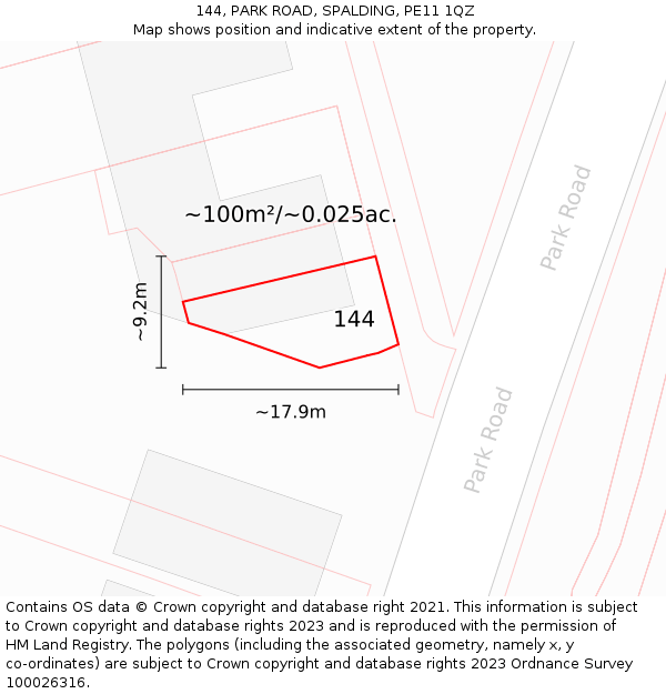 144, PARK ROAD, SPALDING, PE11 1QZ: Plot and title map