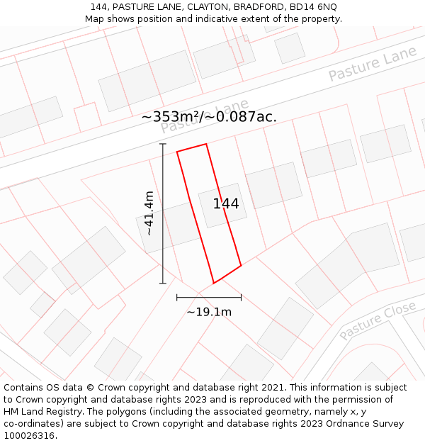 144, PASTURE LANE, CLAYTON, BRADFORD, BD14 6NQ: Plot and title map
