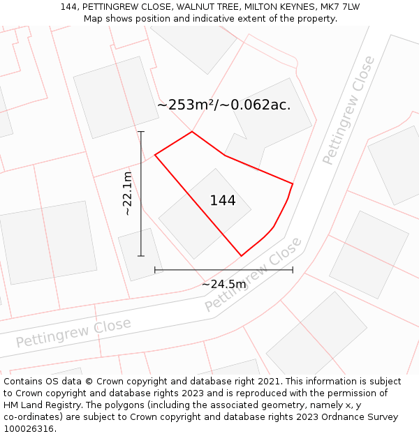 144, PETTINGREW CLOSE, WALNUT TREE, MILTON KEYNES, MK7 7LW: Plot and title map