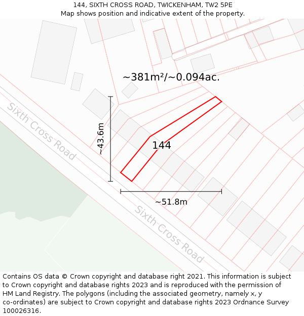 144, SIXTH CROSS ROAD, TWICKENHAM, TW2 5PE: Plot and title map
