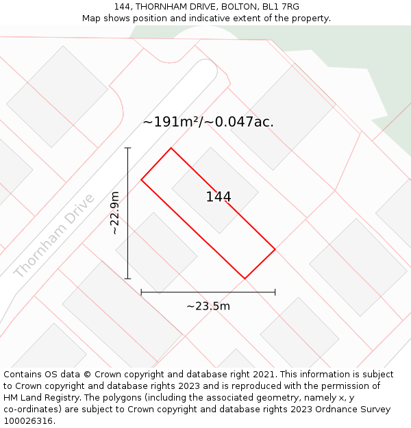 144, THORNHAM DRIVE, BOLTON, BL1 7RG: Plot and title map