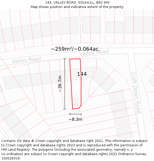 144, VALLEY ROAD, SOLIHULL, B92 9AY: Plot and title map