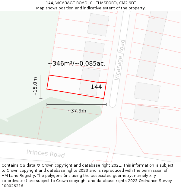 144, VICARAGE ROAD, CHELMSFORD, CM2 9BT: Plot and title map