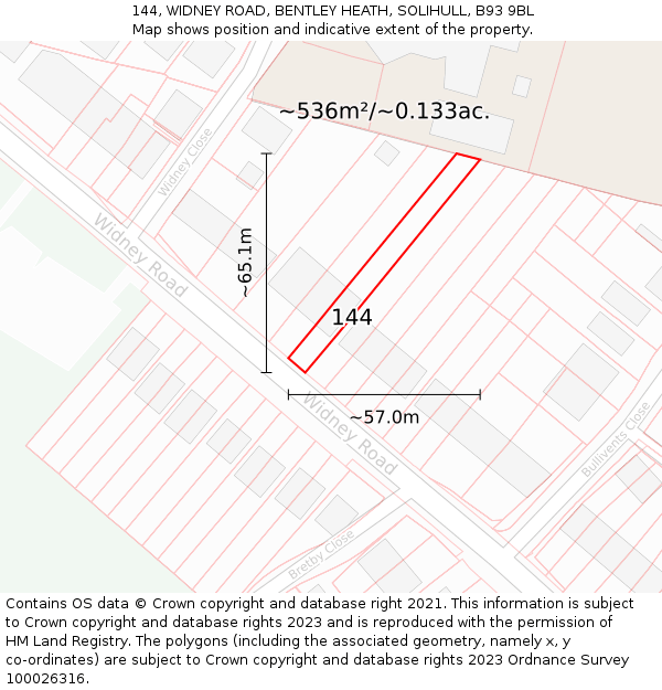 144, WIDNEY ROAD, BENTLEY HEATH, SOLIHULL, B93 9BL: Plot and title map