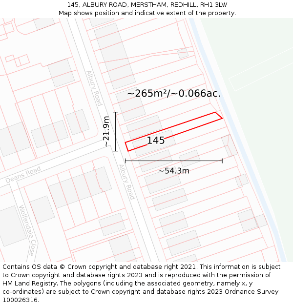 145, ALBURY ROAD, MERSTHAM, REDHILL, RH1 3LW: Plot and title map