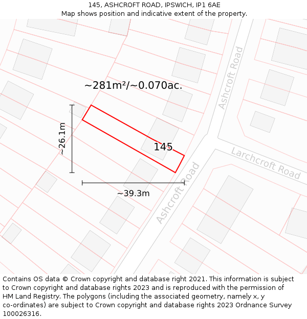145, ASHCROFT ROAD, IPSWICH, IP1 6AE: Plot and title map
