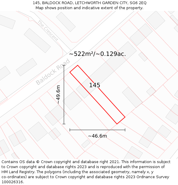 145, BALDOCK ROAD, LETCHWORTH GARDEN CITY, SG6 2EQ: Plot and title map