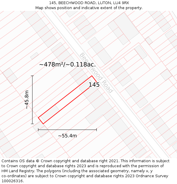 145, BEECHWOOD ROAD, LUTON, LU4 9RX: Plot and title map