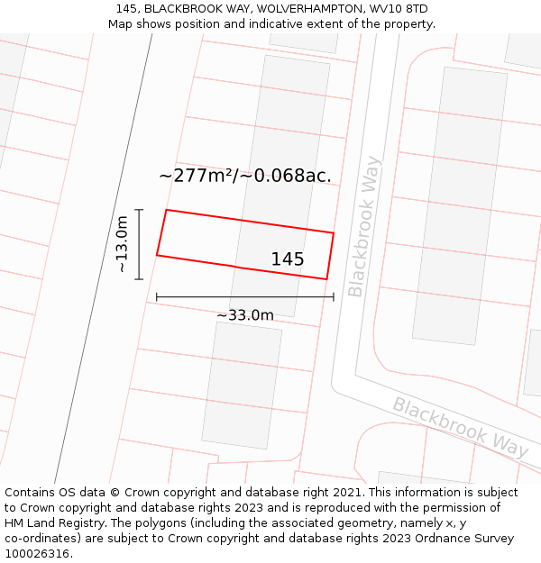 145, BLACKBROOK WAY, WOLVERHAMPTON, WV10 8TD: Plot and title map