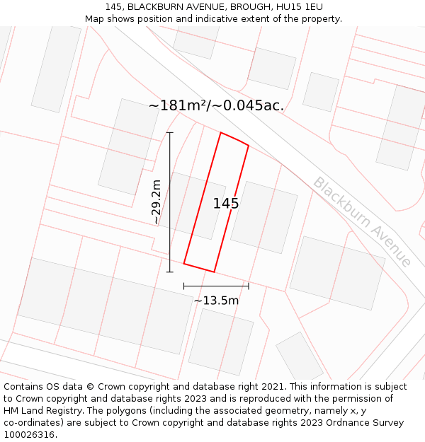 145, BLACKBURN AVENUE, BROUGH, HU15 1EU: Plot and title map