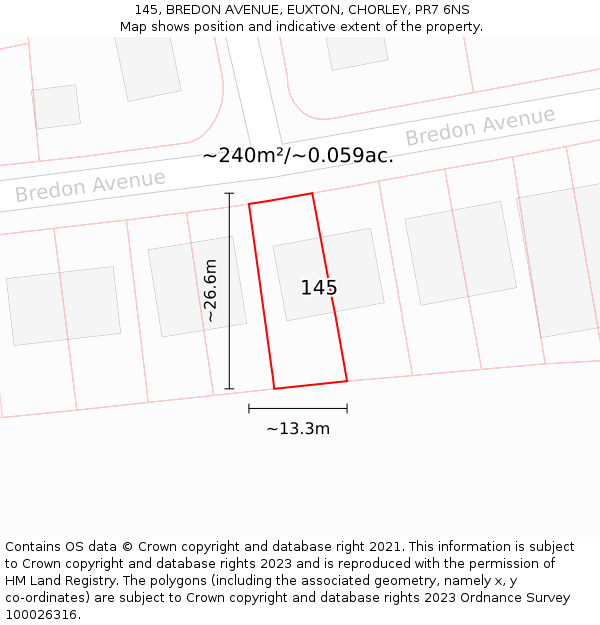 145, BREDON AVENUE, EUXTON, CHORLEY, PR7 6NS: Plot and title map