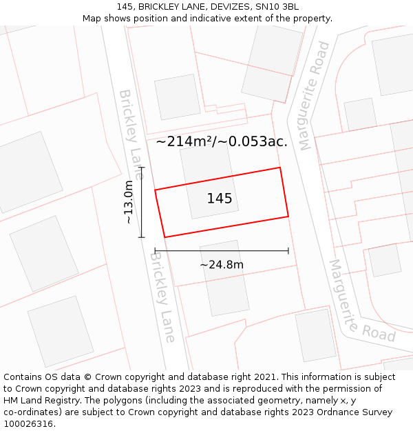 145, BRICKLEY LANE, DEVIZES, SN10 3BL: Plot and title map