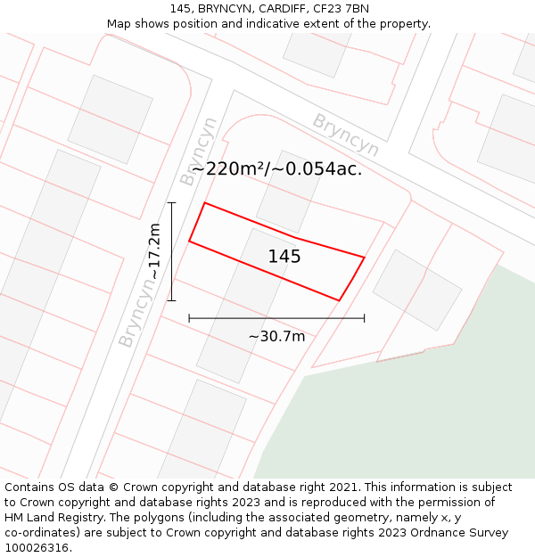 145, BRYNCYN, CARDIFF, CF23 7BN: Plot and title map