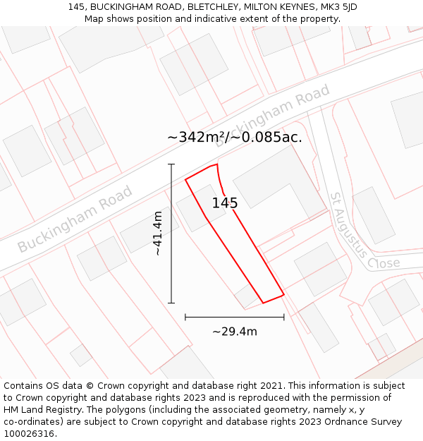 145, BUCKINGHAM ROAD, BLETCHLEY, MILTON KEYNES, MK3 5JD: Plot and title map