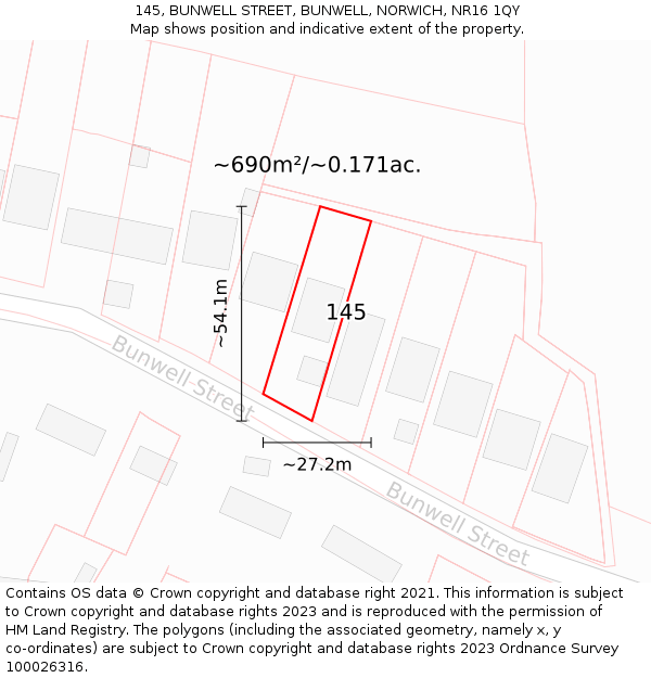 145, BUNWELL STREET, BUNWELL, NORWICH, NR16 1QY: Plot and title map
