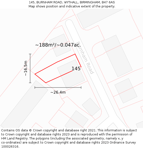 145, BURNHAM ROAD, WYTHALL, BIRMINGHAM, B47 6AS: Plot and title map