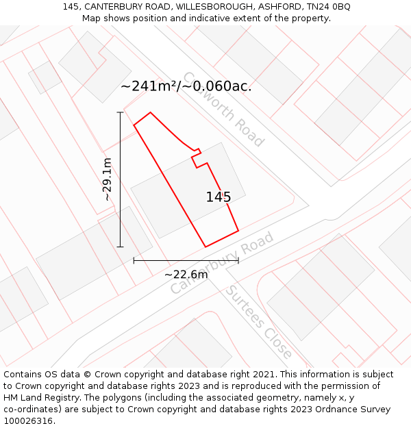 145, CANTERBURY ROAD, WILLESBOROUGH, ASHFORD, TN24 0BQ: Plot and title map