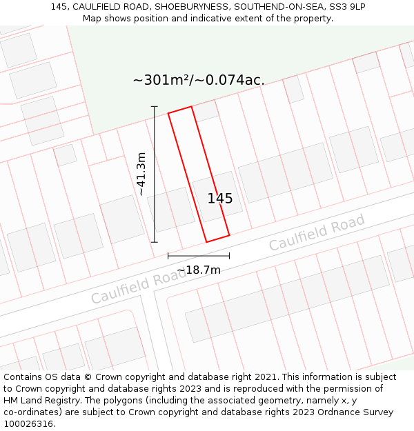145, CAULFIELD ROAD, SHOEBURYNESS, SOUTHEND-ON-SEA, SS3 9LP: Plot and title map