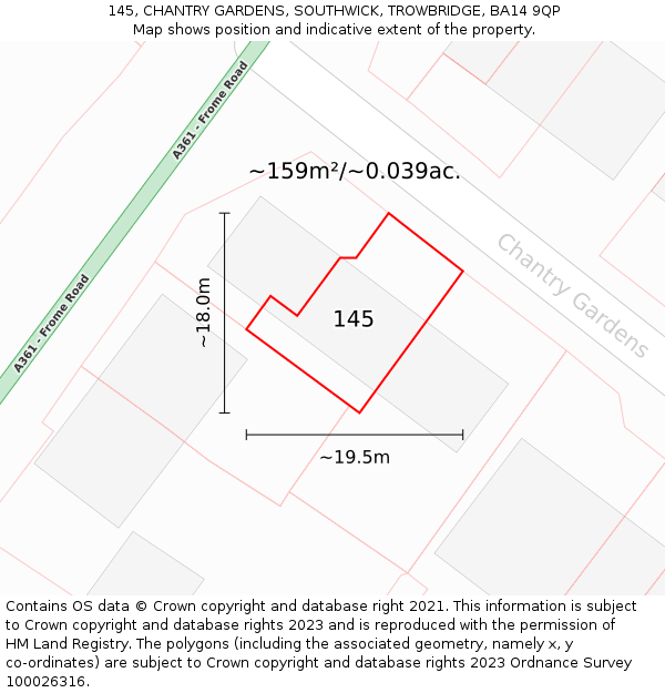 145, CHANTRY GARDENS, SOUTHWICK, TROWBRIDGE, BA14 9QP: Plot and title map