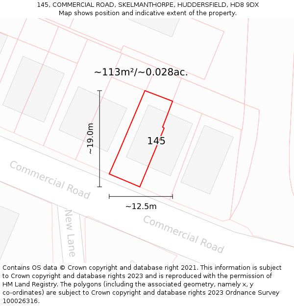 145, COMMERCIAL ROAD, SKELMANTHORPE, HUDDERSFIELD, HD8 9DX: Plot and title map