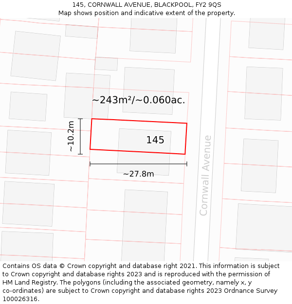 145, CORNWALL AVENUE, BLACKPOOL, FY2 9QS: Plot and title map