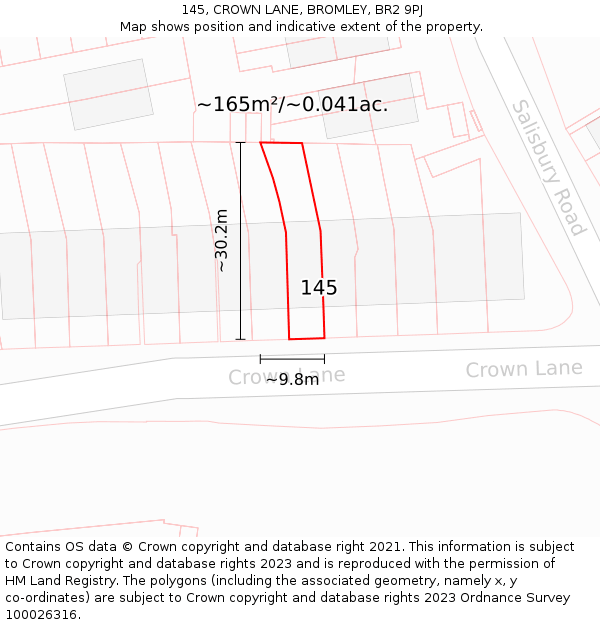 145, CROWN LANE, BROMLEY, BR2 9PJ: Plot and title map