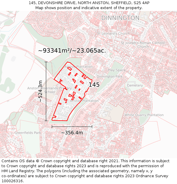 145, DEVONSHIRE DRIVE, NORTH ANSTON, SHEFFIELD, S25 4AP: Plot and title map