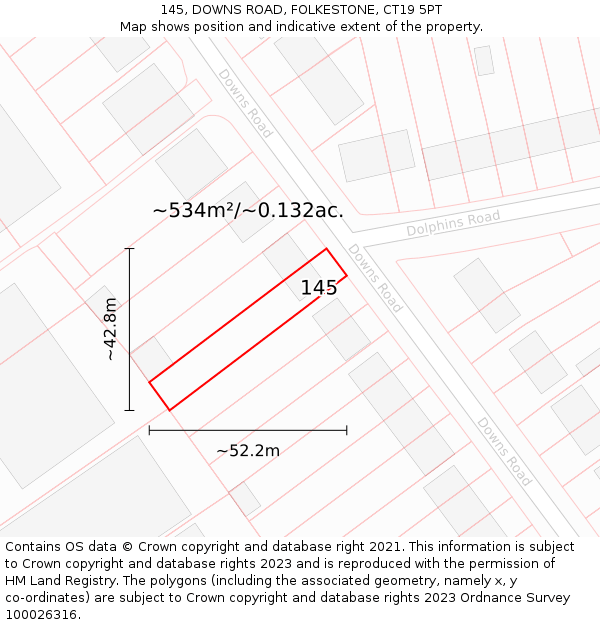 145, DOWNS ROAD, FOLKESTONE, CT19 5PT: Plot and title map