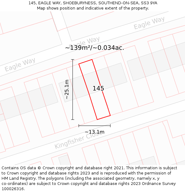 145, EAGLE WAY, SHOEBURYNESS, SOUTHEND-ON-SEA, SS3 9YA: Plot and title map