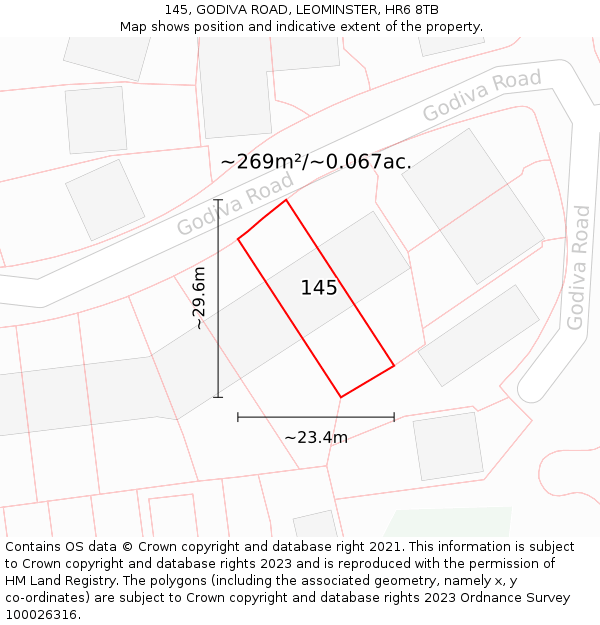 145, GODIVA ROAD, LEOMINSTER, HR6 8TB: Plot and title map