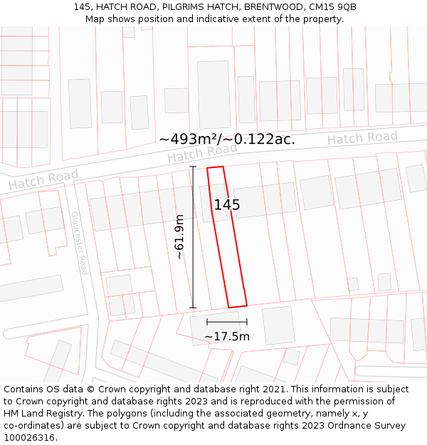 145, HATCH ROAD, PILGRIMS HATCH, BRENTWOOD, CM15 9QB: Plot and title map