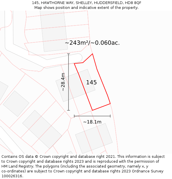 145, HAWTHORNE WAY, SHELLEY, HUDDERSFIELD, HD8 8QF: Plot and title map