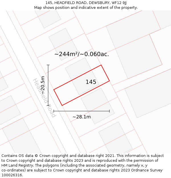 145, HEADFIELD ROAD, DEWSBURY, WF12 9JJ: Plot and title map