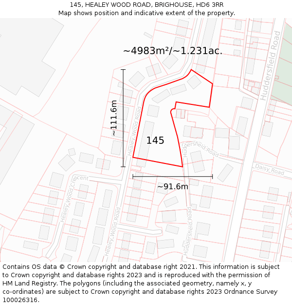 145, HEALEY WOOD ROAD, BRIGHOUSE, HD6 3RR: Plot and title map