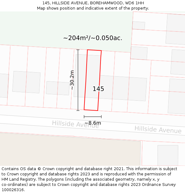 145, HILLSIDE AVENUE, BOREHAMWOOD, WD6 1HH: Plot and title map