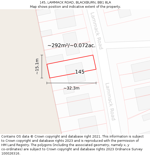 145, LAMMACK ROAD, BLACKBURN, BB1 8LA: Plot and title map