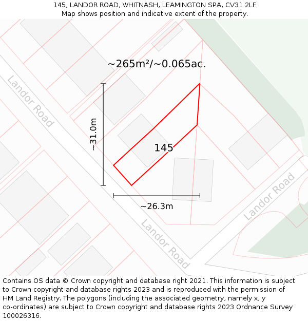 145, LANDOR ROAD, WHITNASH, LEAMINGTON SPA, CV31 2LF: Plot and title map