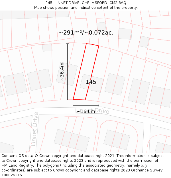 145, LINNET DRIVE, CHELMSFORD, CM2 8AQ: Plot and title map