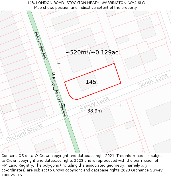 145, LONDON ROAD, STOCKTON HEATH, WARRINGTON, WA4 6LG: Plot and title map