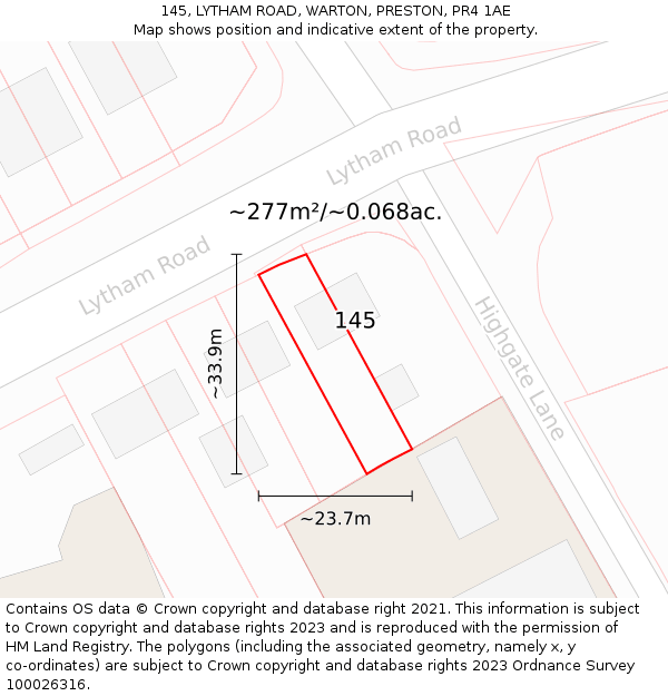 145, LYTHAM ROAD, WARTON, PRESTON, PR4 1AE: Plot and title map