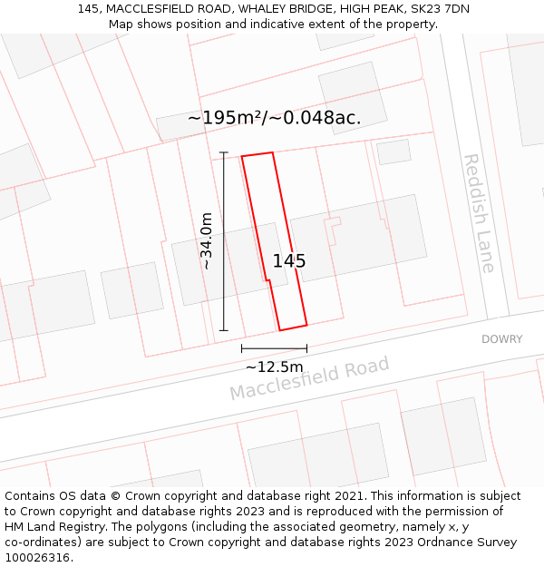 145, MACCLESFIELD ROAD, WHALEY BRIDGE, HIGH PEAK, SK23 7DN: Plot and title map