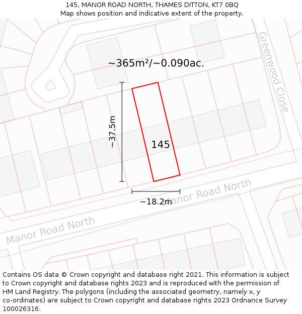 145, MANOR ROAD NORTH, THAMES DITTON, KT7 0BQ: Plot and title map