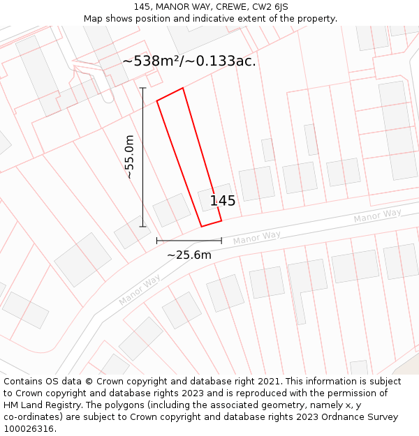 145, MANOR WAY, CREWE, CW2 6JS: Plot and title map