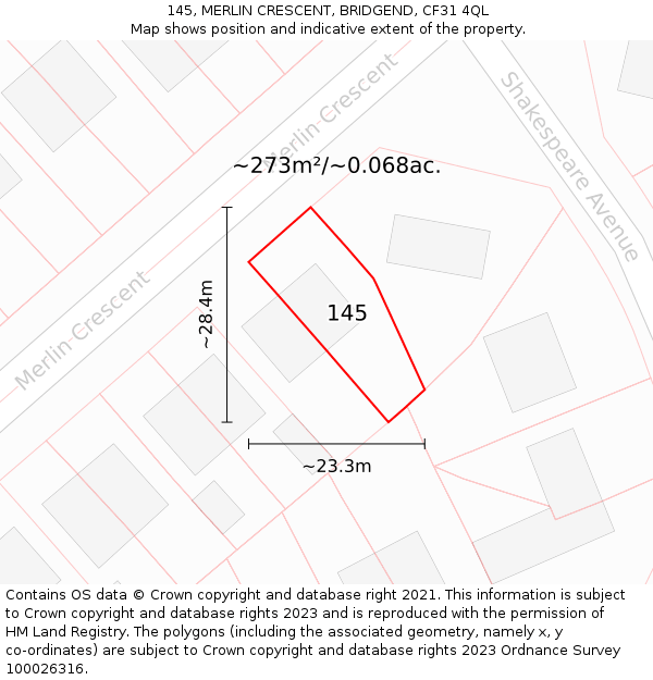 145, MERLIN CRESCENT, BRIDGEND, CF31 4QL: Plot and title map