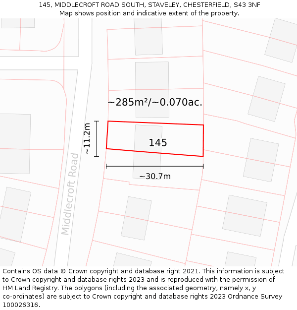145, MIDDLECROFT ROAD SOUTH, STAVELEY, CHESTERFIELD, S43 3NF: Plot and title map