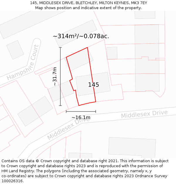 145, MIDDLESEX DRIVE, BLETCHLEY, MILTON KEYNES, MK3 7EY: Plot and title map