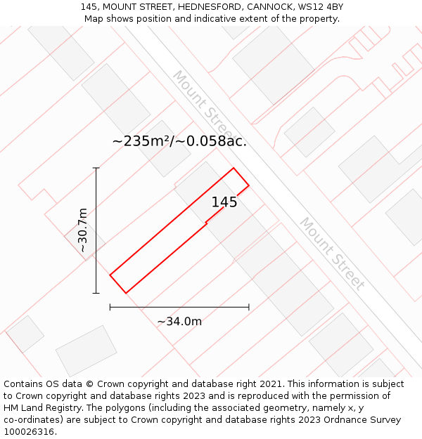 145, MOUNT STREET, HEDNESFORD, CANNOCK, WS12 4BY: Plot and title map