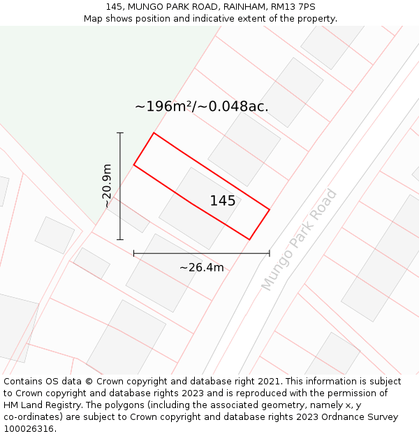 145, MUNGO PARK ROAD, RAINHAM, RM13 7PS: Plot and title map
